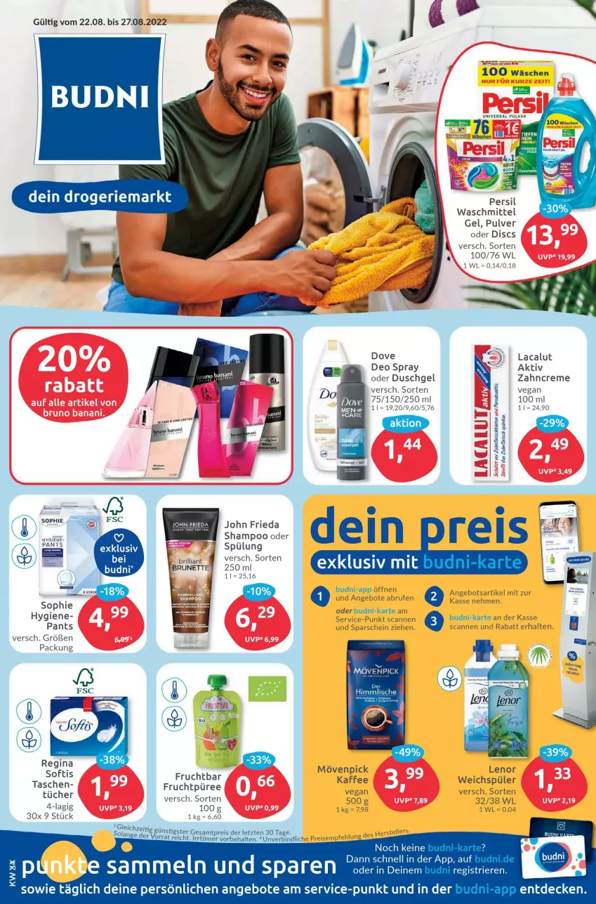 Aktueller Prospekt Budni - Prospekte - von 22.08 bis 27.08.2022 - strona 1 - produkty: angebot, angebote, brie, Brufen, creme, decke, deo, deo spray, dove, duschgel, eis, elle, fleisch, gin, kaffee, Lacalut, lenor, mövenpick, Pants, reis, shampoo, spülung, Ti, tücher, universal pulver, waschmittel, weichspüler, zahncreme, ZTE