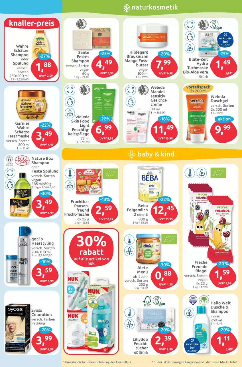 Aktueller Prospekt Budni - Prospekte - von 22.08 bis 27.08.2022 - strona 3 - produkty: aloe vera, banane, Beba, bio, Blüte, butter, creme, dusche, duschgel, eis, elle, folgemilch, freche freunde, frucht, garnier, got2b, kirsch, kirsche, LG, mandel, mango, Maske, milch, natur, natura, nature box, reis, riegel, SANTE, shampoo, shampoo oder spülung, spülung, syoss, Tasche, teller, Ti, tuc, tücher, tuchmaske, weleda, Yo