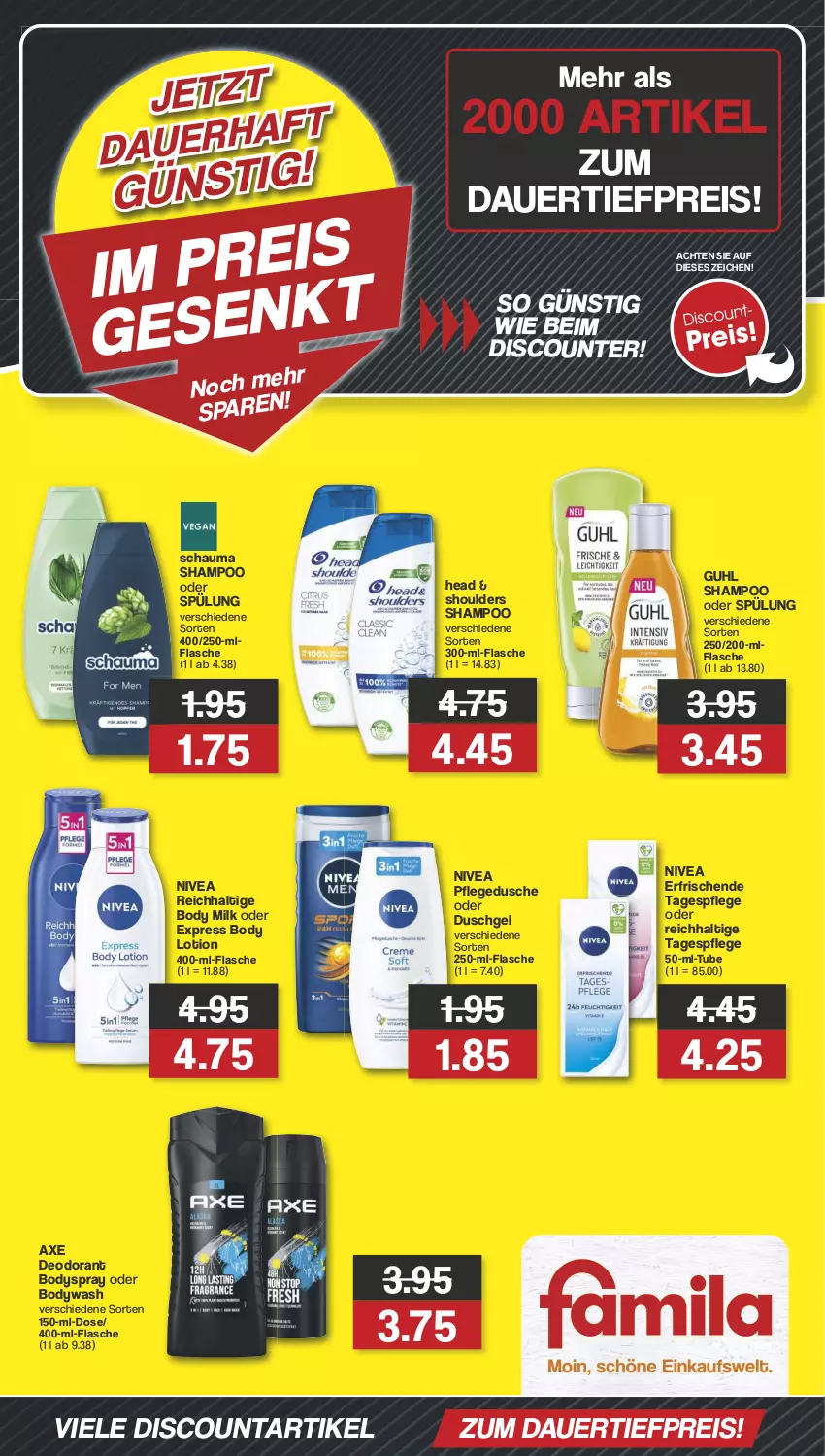 Aktueller Prospekt Famila - Prospekte - von 18.09 bis 23.09.2023 - strona 2 - produkty: auer, axe, body, body lotion, body milk, bodyspray, dauertiefpreis, deo, deodorant, discount, dusche, duschgel, eis, flasche, Guhl, Lotion, nivea, pflegedusche, reis, schauma, schauma shampoo, shampoo, shampoo oder spülung, spülung, Tagespflege, Ti, tiefpreis