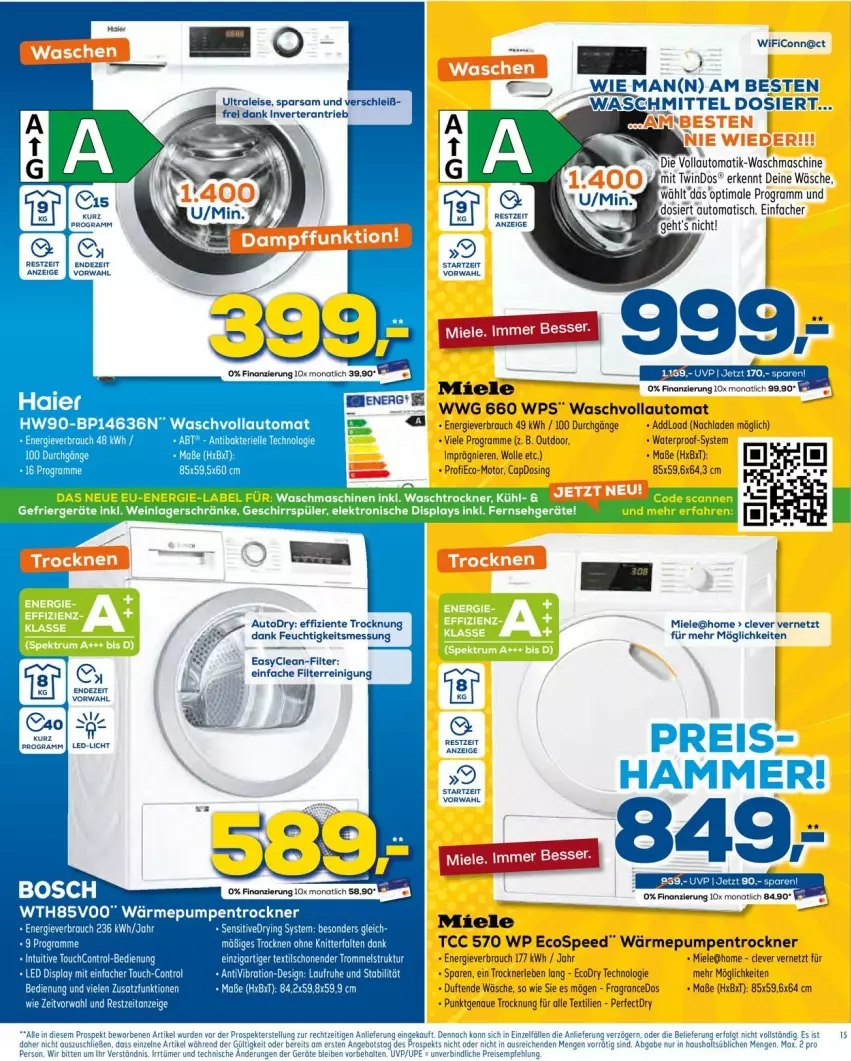 Aktueller Prospekt Euronics - Prospekte - von 06.04 bis 13.04.2022 - strona 15 - produkty: angebot, auto, bosch, eis, elle, ente, Haier, LG, miele, monati, Rauch, Reinigung, spee, Ti, tisch, Trockner, trommel, wärmepumpentrockner, waschmaschine, waschmittel, waschvollautomat, wolle