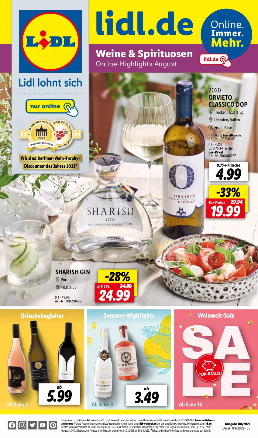 Aktueller Prospekt Lidl - Beste Weine für jeden Anlass - von 01.08 bis 31.08.2022 - strona 1 - produkty: angebot, angebote, berliner, bio, brie, classico, discount, fisch, flasche, gin, Käse, lebensmittel, magazin, ndk, spirituosen, Ti, wein, weine