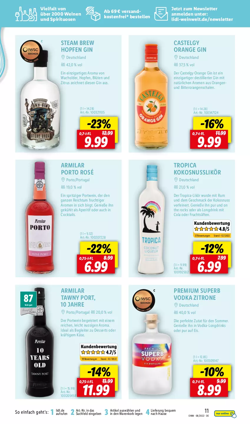 Aktueller Prospekt Lidl - Beste Weine für jeden Anlass - von 01.08 bis 31.08.2022 - strona 11 - produkty: aperitif, Blüte, cocktail, cocktails, cola, dessert, desserts, drink, drinks, eis, elle, frucht, fruchtsäfte, gin, Käse, kokos, kokosnuss, korb, LG, likör, mac, ndk, nuss, orange, orangen, Portwein, rum, säfte, Schal, Schale, spirituosen, Tawny Port, Ti, versandkostenfrei, vodka, wein, weine, zitrone