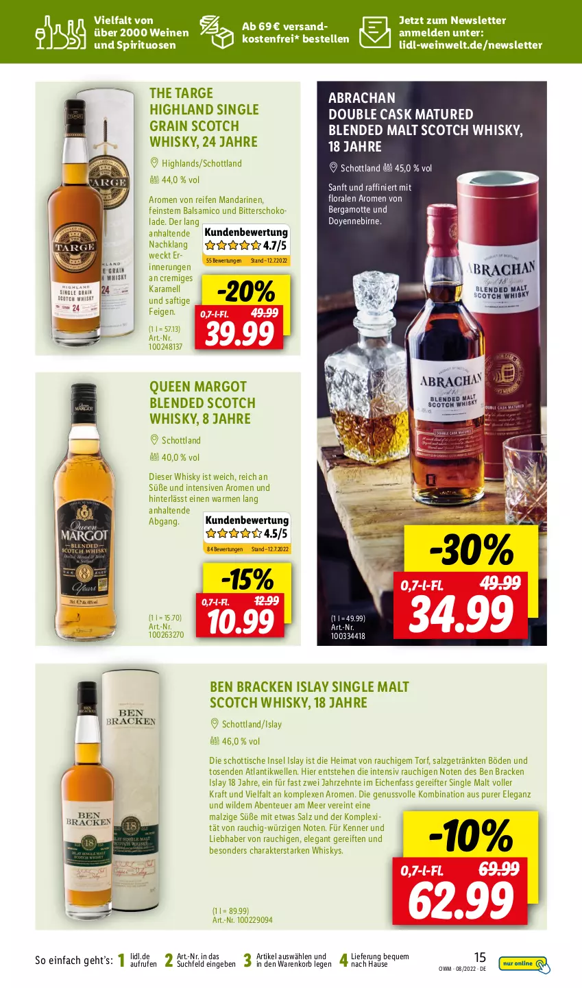 Aktueller Prospekt Lidl - Beste Weine für jeden Anlass - von 01.08 bis 31.08.2022 - strona 15 - produkty: balsam, balsamico, Bergamotte, blended scotch, blended scotch whisky, elle, ente, Feigen, getränk, islay single malt, karamell, korb, kraft, malz, mandarine, mandarinen, ndk, nuss, Rauch, reifen, saft, salz, schoko, schokolade, schott, scotch, scotch whisky, single malt, spirituosen, Ti, tisch, versandkostenfrei, weck, wein, weine, whisky, Wild