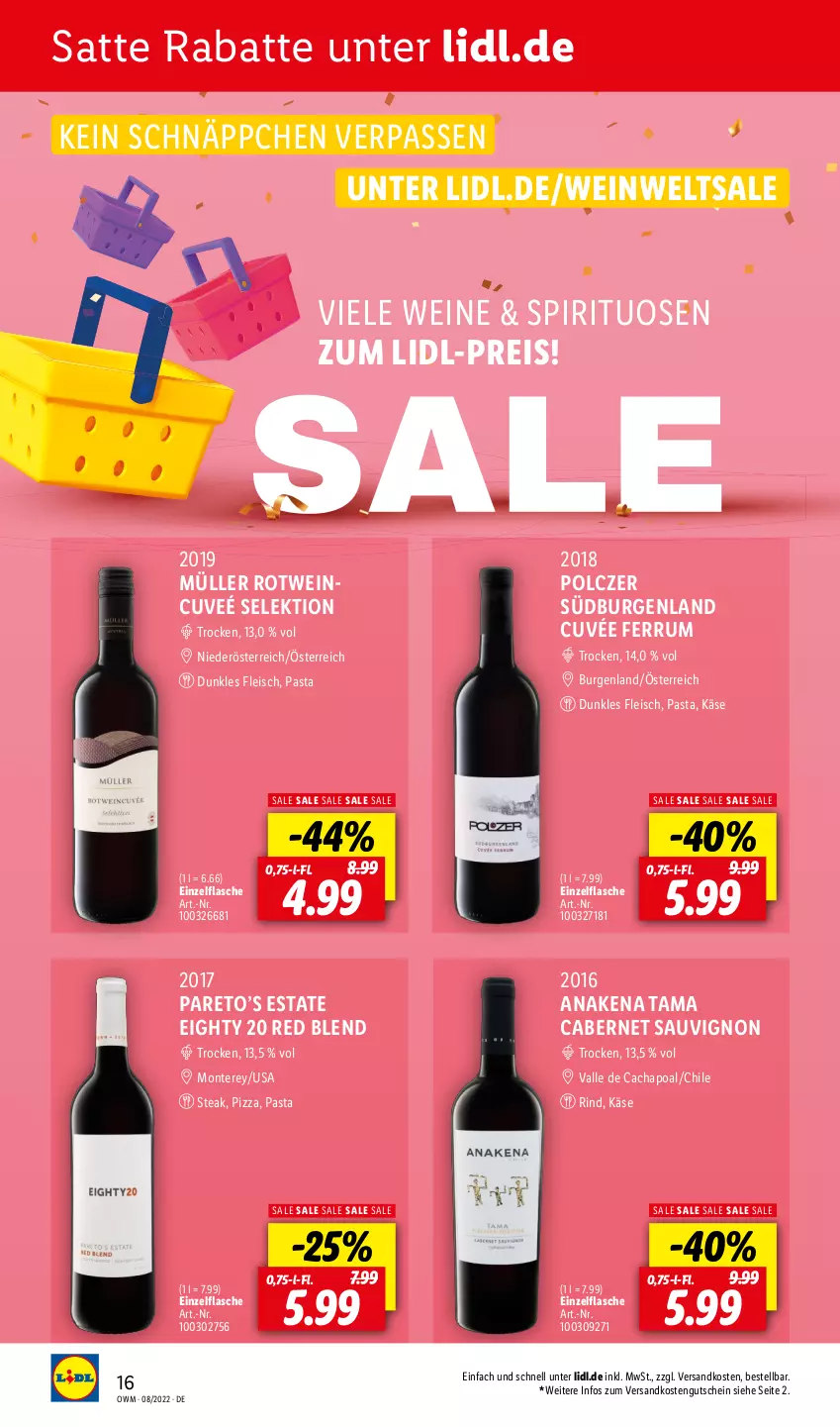 Aktueller Prospekt Lidl - Beste Weine für jeden Anlass - von 01.08 bis 31.08.2022 - strona 16 - produkty: cabernet, cabernet sauvignon, cuvée, eis, flasche, fleisch, gutschein, Käse, monte, Müller, ndk, pasta, pizza, reis, rind, rotwein, rum, sauvignon, schnäppchen, spirituosen, steak, Ti, wein, weine