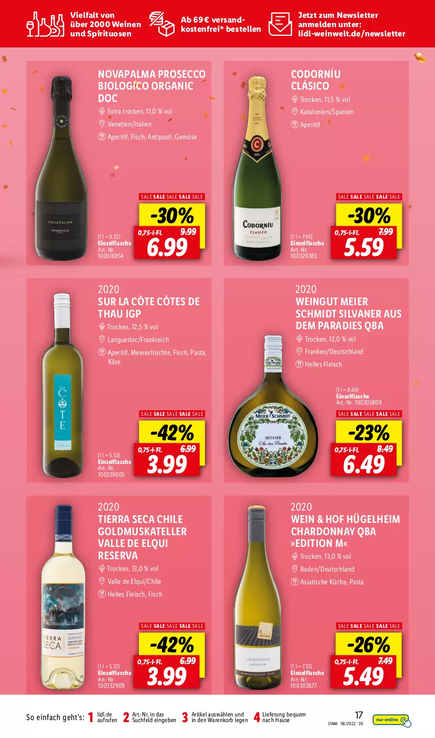 Aktueller Prospekt Lidl - Beste Weine für jeden Anlass - von 01.08 bis 31.08.2022 - strona 17 - produkty: antipasti, aperitif, asti, Bad, bio, chardonnay, ecco, eier, eis, elle, fisch, flasche, fleisch, früchte, Käse, korb, küche, meeresfrüchte, ndk, pasta, prosecco, silvaner, spirituosen, teller, Ti, tisch, versandkostenfrei, wein, weine