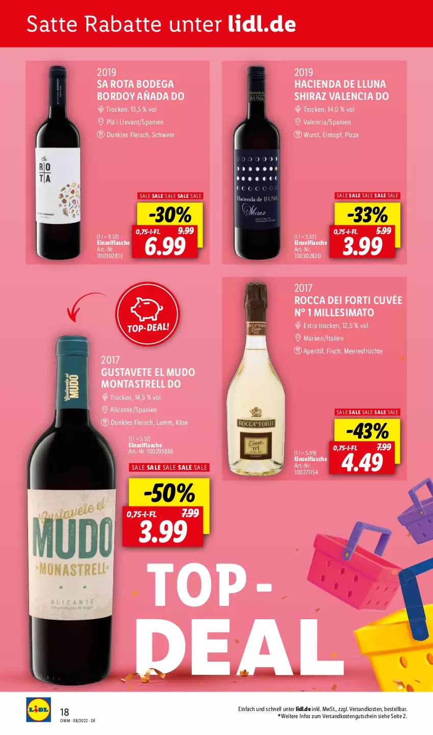 Aktueller Prospekt Lidl - Beste Weine für jeden Anlass - von 01.08 bis 31.08.2022 - strona 18 - produkty: aperitif, Cien, cuvée, eintopf, eis, fisch, flasche, fleisch, früchte, gutschein, Käse, lamm, meeresfrüchte, ndk, pizza, rel, schwein, sim, Ti, topf, wein, wurst