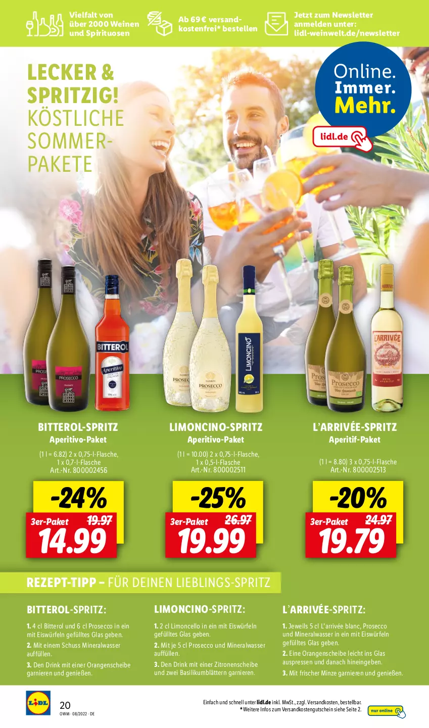 Aktueller Prospekt Lidl - Beste Weine für jeden Anlass - von 01.08 bis 31.08.2022 - strona 20 - produkty: Alwa, aperitif, basilikum, cin, drink, ecco, eis, eiswürfel, elle, flasche, garnier, gutschein, limo, mineralwasser, minze, ndk, orange, orangen, prosecco, rezept, rezept-tipp, spirituosen, Ti, versandkostenfrei, wasser, wein, weine, würfel, zitrone, zitronen