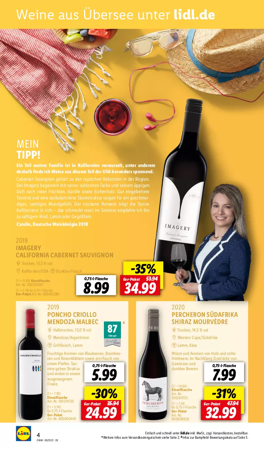 Aktueller Prospekt Lidl - Beste Weine für jeden Anlass - von 01.08 bis 31.08.2022 - strona 4 - produkty: beere, beeren, bett, Blaubeer, blaubeere, brombeere, brombeeren, cabernet, cabernet sauvignon, Cap, eis, flasche, fleisch, frucht, früchte, früchten, gewürz, gin, grill, gutschein, hero, himbeer, himbeere, Holz, Käse, lamm, ndk, pfeffer, rind, rosen, rotwein, Rubin, saft, sauvignon, Ti, usb, vanille, wein, weine, Weste, Zelt