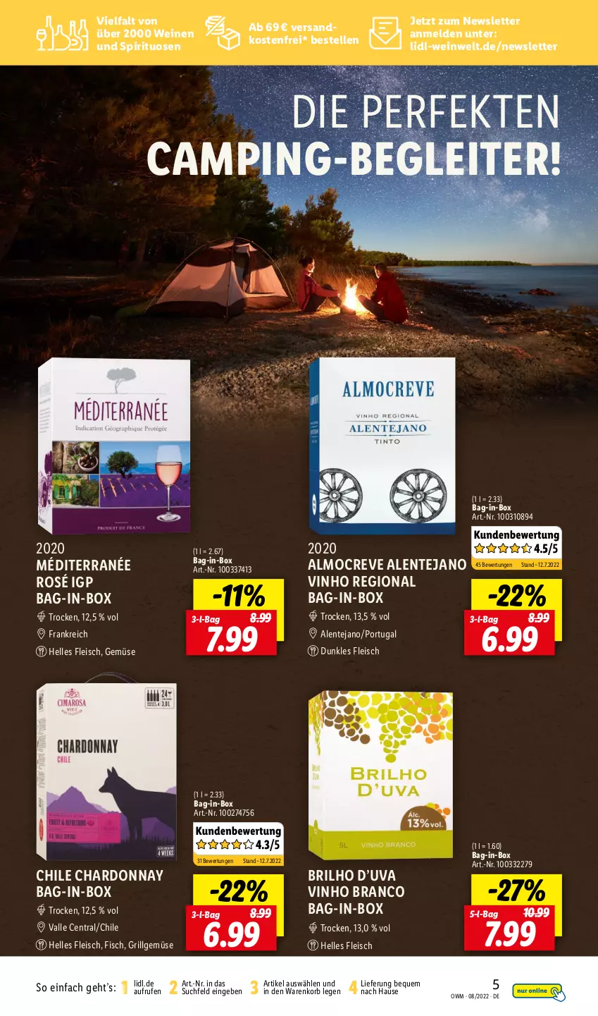 Aktueller Prospekt Lidl - Beste Weine für jeden Anlass - von 01.08 bis 31.08.2022 - strona 5 - produkty: bag-in-box, chardonnay, eis, elle, ente, fisch, fleisch, grill, korb, LG, ndk, spirituosen, Ti, versandkostenfrei, wein, weine