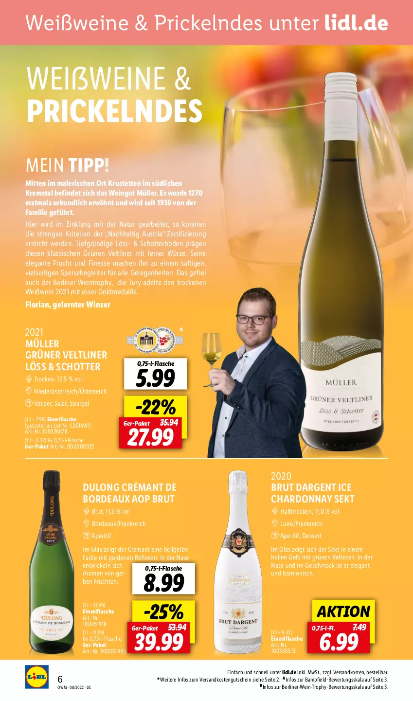 Aktueller Prospekt Lidl - Beste Weine für jeden Anlass - von 01.08 bis 31.08.2022 - strona 6 - produkty: aperitif, aust, berliner, brut, brut dargent, chardonnay, dessert, eis, elle, erde, finesse, flasche, frucht, früchte, früchten, grüner veltliner, gutschein, LG, mac, Müller, natur, ndk, Ria, saft, salat, schott, sekt, spargel, Ti, wein, weine, Weißwein, WICK