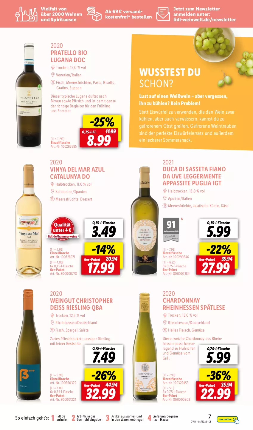 Aktueller Prospekt Lidl - Beste Weine für jeden Anlass - von 01.08 bis 31.08.2022 - strona 7 - produkty: bio, Birnen, chardonnay, dessert, Egger, eis, eiswürfel, elle, ente, erde, fisch, flasche, fleisch, früchte, früchten, Germ, grill, Käse, korb, küche, meeresfrüchte, ndk, obst, pasta, pfirsich, reifen, riesling, risotto, rwe, salat, salate, snack, spargel, spirituosen, suppe, suppen, Ti, tisch, trauben, und gemüse, versandkostenfrei, wein, weine, Weißwein, würfel