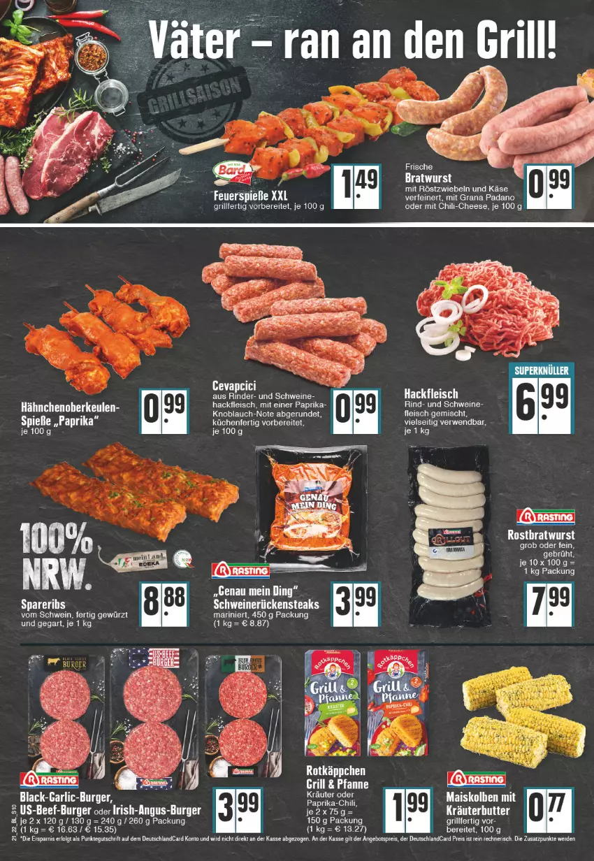 Aktueller Prospekt Edeka - Angebote der Woche - von 23.05 bis 28.05.2022 - strona 10 - produkty: angebot, angebotspreis, asti, beef, burger, butter, chili, deutschlandcard, eis, erde, fleisch, gewürz, grana, grana padano, grill, hackfleisch, Käse, knoblauch, kräuter, kräuterbutter, küche, Küchen, lack, LG, mit röstzwiebeln, padano, paprika, Rana, reis, rind, rinder, röstzwiebeln, rotkäppchen, rwe, schwein, schweine, tee, Ti, wein, weine, zwiebel, zwiebeln