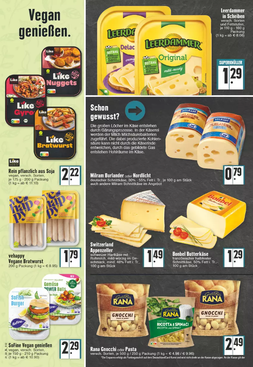 Aktueller Prospekt Edeka - Angebote der Woche - von 23.05 bis 28.05.2022 - strona 12 - produkty: angebot, appenzeller, bonbel, bratwurst, burlander, butter, butterkäse, deutscher schnittkäse, deutschlandcard, elle, gnocchi, halbfester schnittkäse, hartkäse, Käse, leerdammer, LG, mac, milch, milram, pasta, Rana, ricotta, rind, schnittkäse, schweizer hartkäse, soja, spinat, wurst