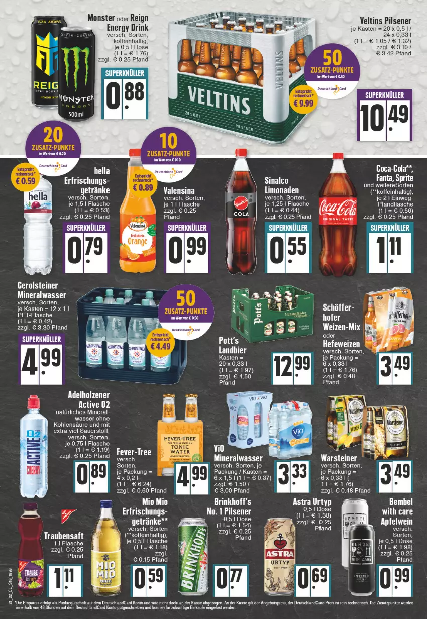 Aktueller Prospekt Edeka - Angebote der Woche - von 23.05 bis 28.05.2022 - strona 18 - produkty: Alwa, Astra, auer, bier, cola, deutschlandcard, drink, eis, energy drink, ente, erde, flasche, limo, limonade, limonaden, mineralwasser, Mio Mio, monster, pils, pilsener, reis, steiner, tee, Ti, urtyp, valensina, veltins, veltins pilsener, warsteiner, wasser