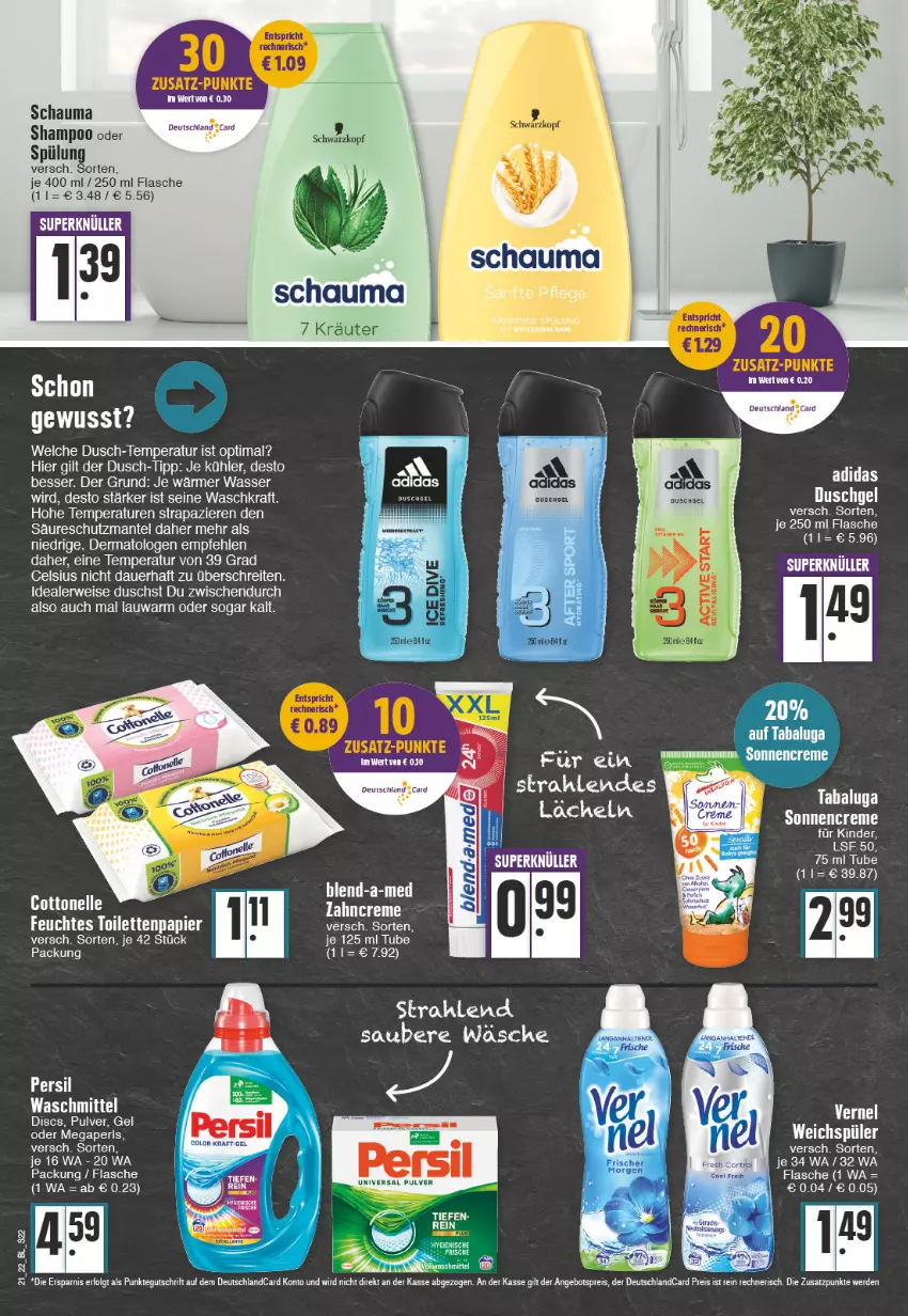 Aktueller Prospekt Edeka - Angebote der Woche - von 23.05 bis 28.05.2022 - strona 22 - produkty: Adidas, angebot, auer, blend-a-med, cottonelle, creme, duschgel, eis, elle, erde, feuchtes toilettenpapier, flasche, kraft, kräuter, LG, Mantel, megaperls, papier, persil, persil waschmittel, reis, rwe, schauma, schauma shampoo, shampoo, shampoo oder spülung, spülung, Ti, toilettenpapier, waschmittel, wasser, weichspüler, zahncreme