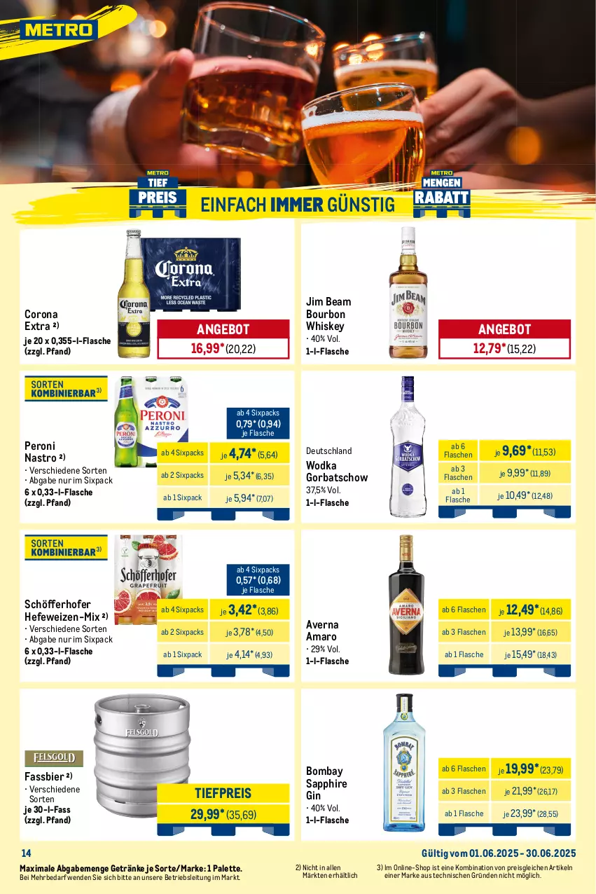 Aktueller Prospekt Metro - Monats-Menü - von 01.06 bis 30.06.2025 - strona 14 - produkty: amaro, angebot, angebote, averna, bier, bombay sapphire, bourbon, bourbon whiskey, corona, corona extra, eis, erde, flasche, getränk, getränke, gin, Gorbatschow, Hefe, hefeweizen, jim beam, LG, Metro, ndk, Palette, Peroni, Rauch, reis, Ria, rwe, sapphire, schöfferhofer, Ti, tiefpreis, whiskey, wodka