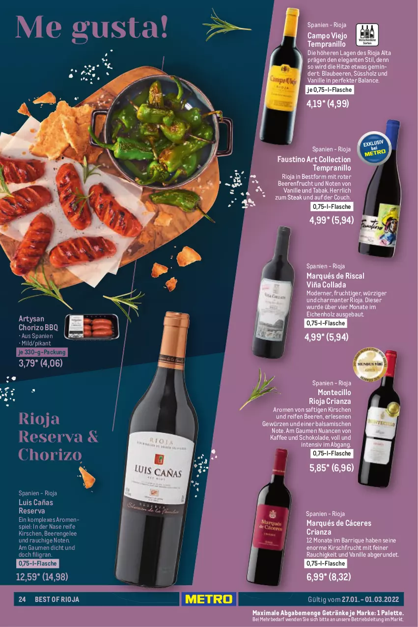 Aktueller Prospekt Metro - Wein köstlich kombiniert - von 27.01 bis 01.03.2022 - strona 24 - produkty: aust, balsam, Bau, beere, beeren, Blaubeer, blaubeere, campo viejo, chorizo, Couch, Engel, flasche, frucht, gelee, getränk, getränke, gewürz, harman, Holz, kaffee, kirsch, kirsche, kirschen, Mode, monte, Nuance, Palette, Rauch, reifen, Ria, rioja, saft, schoko, schokolade, steak, tempranillo, Ti, vanille