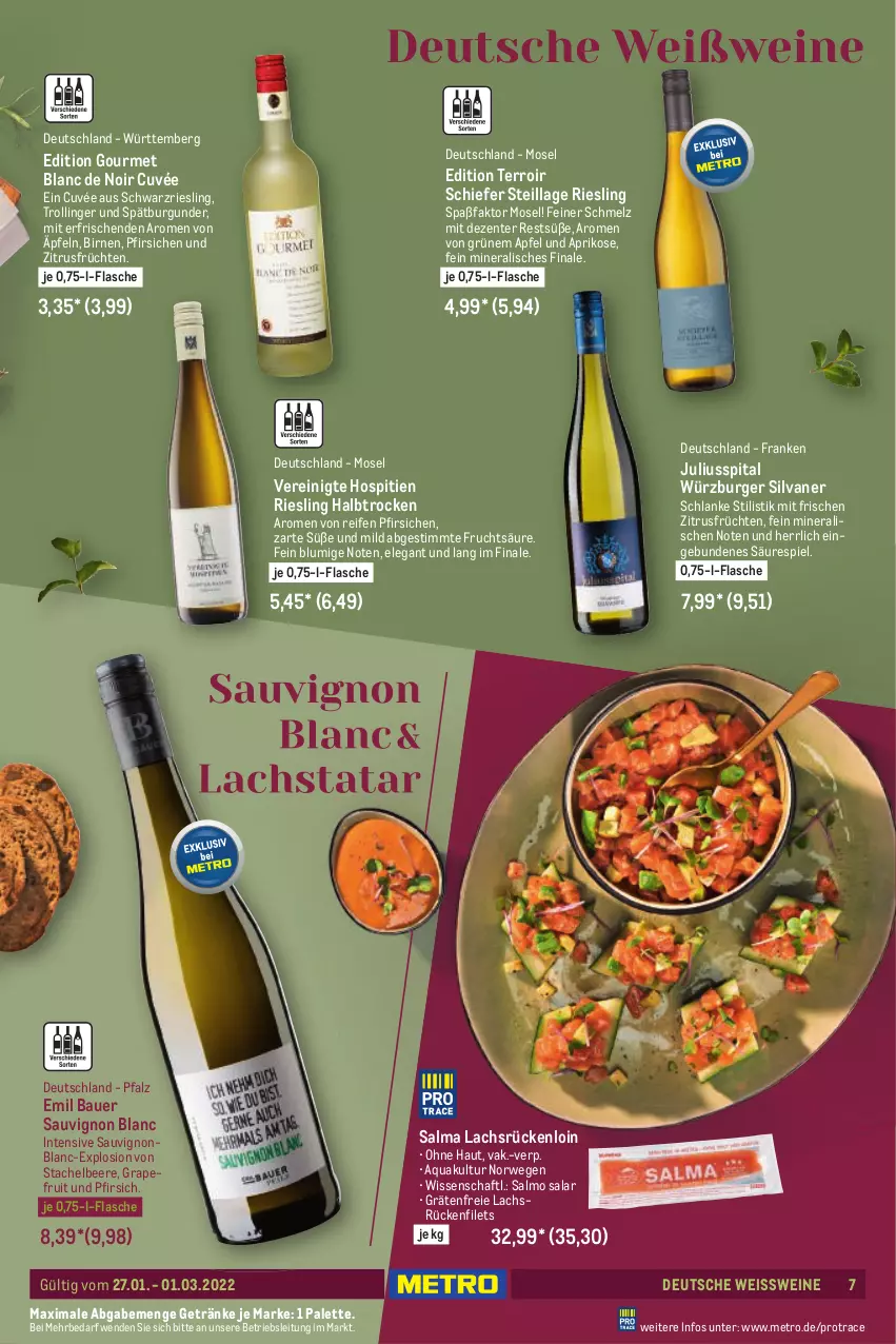 Aktueller Prospekt Metro - Wein köstlich kombiniert - von 27.01 bis 01.03.2022 - strona 7 - produkty: apfel, aprikose, aqua, auer, Bau, Bauer, beere, Birnen, burger, burgunder, cuvée, eis, ente, filet, filets, flasche, frucht, früchte, früchten, getränk, getränke, grapefruit, lachs, Metro, Palette, pfirsich, pfirsiche, reifen, riesling, rwe, sauvignon, sauvignon blanc, schwarzriesling, silvaner, spätburgunder, Ti, trolli, trollinger, wein, weine