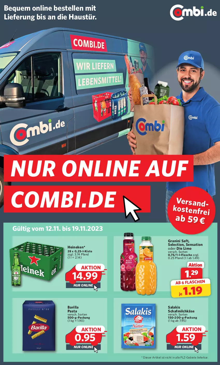 Aktueller Prospekt Combi - Prospekte - von 12.11 bis 19.11.2023 - strona 1 - produkty: aust, barilla, elle, flasche, granini, heineken, Käse, limo, milch, ndk, pasta, saft, salakis, Ti