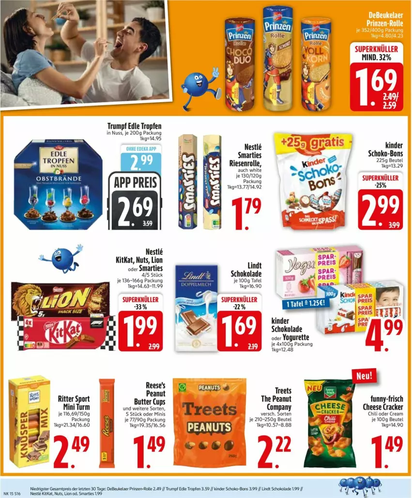 Aktueller Prospekt Edeka - Prospekte - von 06.04 bis 11.04.2026 - strona 18 - produkty: beutel, butter, chili, cracker, debeukelaer, deka, eis, funny-frisch, Kinder, kinder schokolade, kitkat, lindt, lion, nuss, oder yogurette, Reese's, reis, ritter, rum, schoko, schoko-bons, schokolade, smarties, Sport, Ti, Yo, yogurette, ZTE