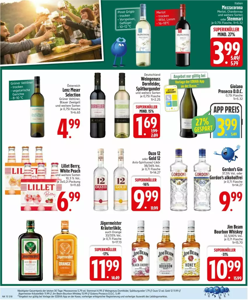 Aktueller Prospekt Edeka - Prospekte - von 06.04 bis 11.04.2026 - strona 20 - produkty: alkohol, angebot, auer, blauer zweigelt, bourbon, bourbon whiskey, burgunder, corona, dornfelder, ecco, eier, eis, flasche, Germ, grüner veltliner, jägermeister, kräuter, kräuterlikör, lack, Lenz Moser, LG, likör, lillet, Meister, mezzacorona, moser, nuss, orange, ouzo, ouzo 12, prosecco, reis, spätburgunder, Ti, wein, whiskey, Yo, ZTE, Zweigelt