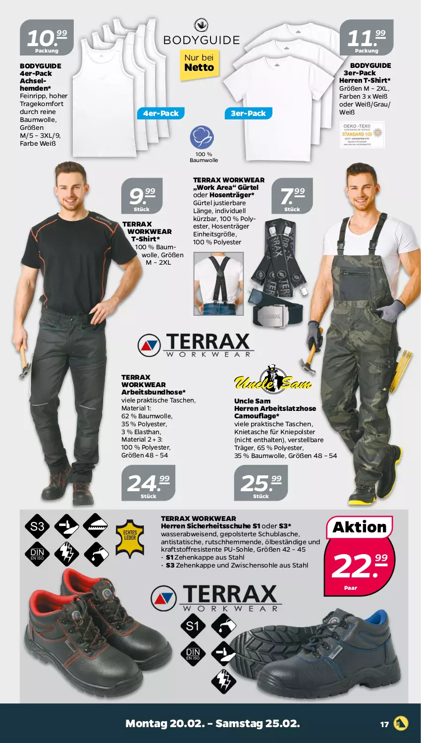 Aktueller Prospekt Netto - Woche 8 - von 20.02 bis 25.02.2023 - strona 17 - produkty: achselhemd, Bau, baumwolle, body, eis, ente, hemd, hemden, hose, hosen, kraft, Latzhose, reine baumwolle, Ria, schuhe, shirt, Stier, T-Shirt, Tasche, taschen, Ti, tisch, wasser, wolle