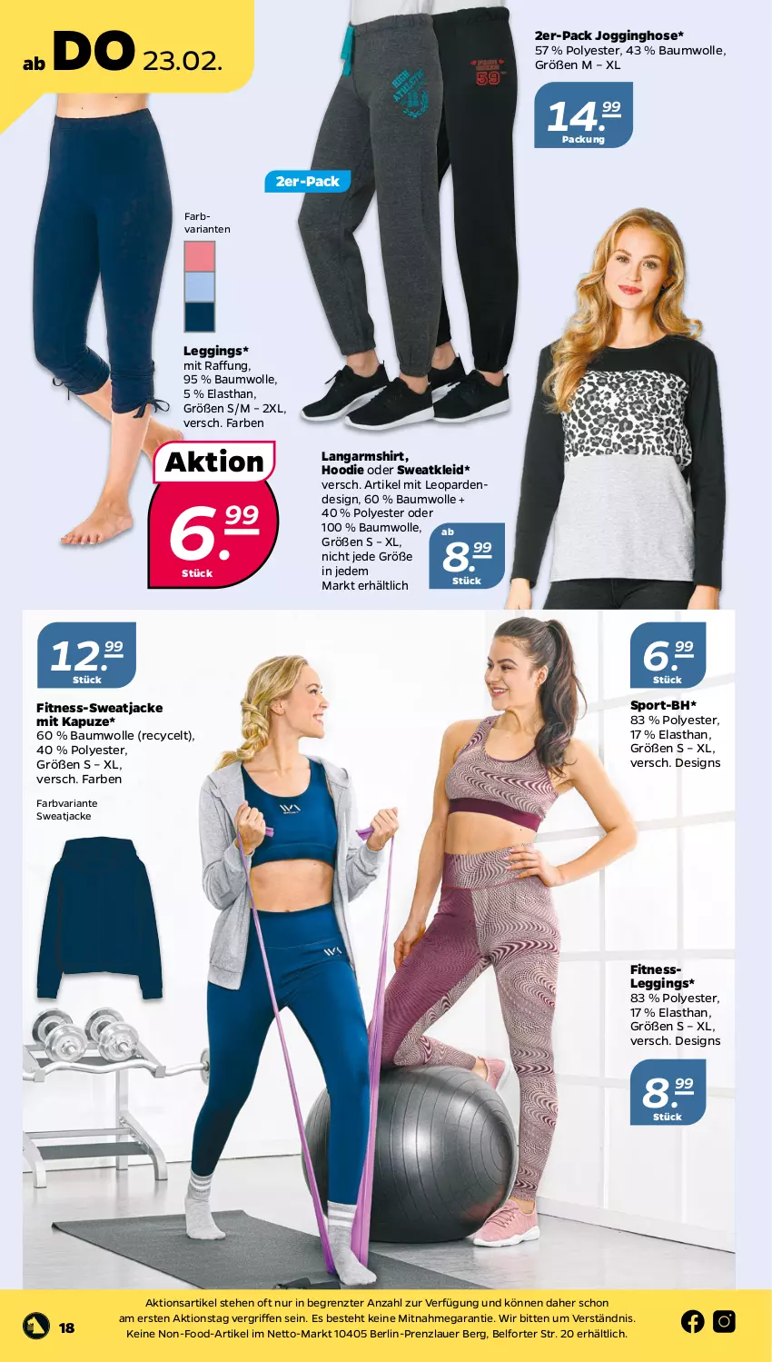 Aktueller Prospekt Netto - Woche 8 - von 20.02 bis 25.02.2023 - strona 18 - produkty: auer, Bau, baumwolle, gin, hose, Jacke, Jogginghose, kleid, Langarmshirt, leggings, Ria, shirt, Sport, sweatjacke, Sweatkleid, Ti, wolle, ZTE