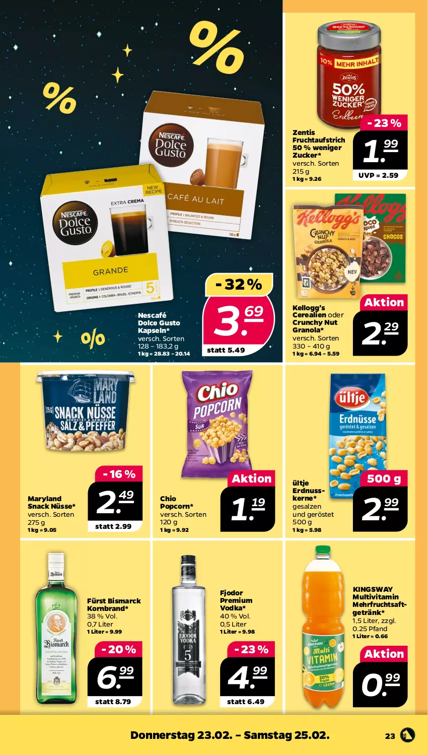 Aktueller Prospekt Netto - Woche 8 - von 20.02 bis 25.02.2023 - strona 23 - produkty: aufstrich, bismarck, cerealien, dolce gusto, erdnuss, frucht, fruchtaufstrich, fruchtsaft, fruchtsaftgetränk, getränk, gsw, korn, Nescafé, nuss, popcorn, premium vodka, saft, salz, snack, Ti, ültje, vita, vodka, zentis, zucker