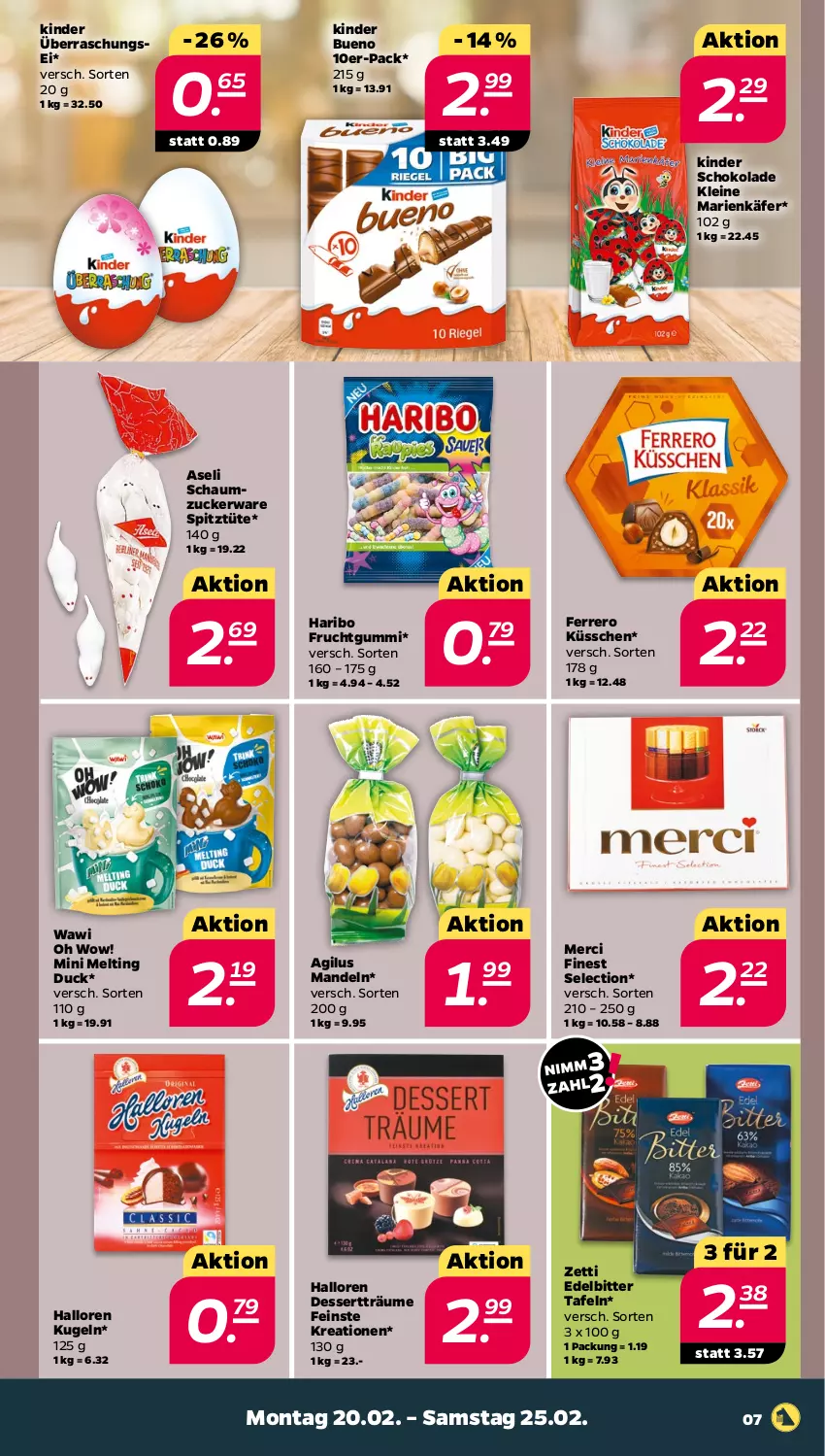 Aktueller Prospekt Netto - Woche 8 - von 20.02 bis 25.02.2023 - strona 7 - produkty: dessert, Duck, ferrero, Ferrero Küsschen, frucht, fruchtgummi, haribo, käfer, Kinder, kinder bueno, kinder schokolade, Kugel, leine, mandel, mandeln, merci, Schaumzucker, schoko, schokolade, Ti, Tüte, zucker