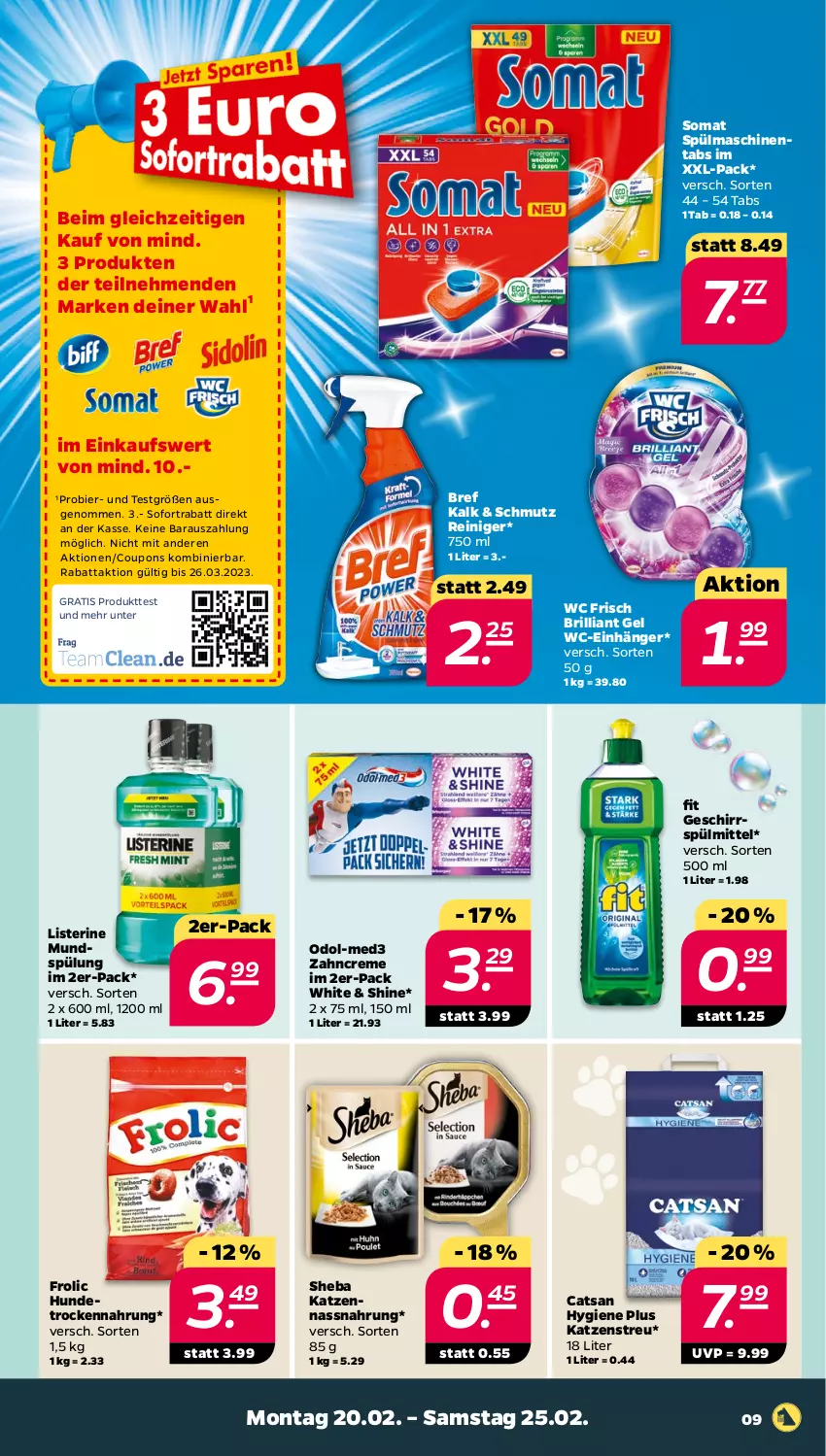 Aktueller Prospekt Netto - Woche 8 - von 20.02 bis 25.02.2023 - strona 9 - produkty: bier, Bref, catsan, coupon, coupons, creme, frolic, geschirr, geschirrspülmittel, Hundetrockennahrung, Katzenstreu, listerine, mundspülung, Nassnahrung, Odol, reiniger, sheba, sofortrabatt, somat, spülmaschinen, spülmaschinentabs, spülmittel, spülung, Ti, Trockennahrung, wc frisch, zahncreme