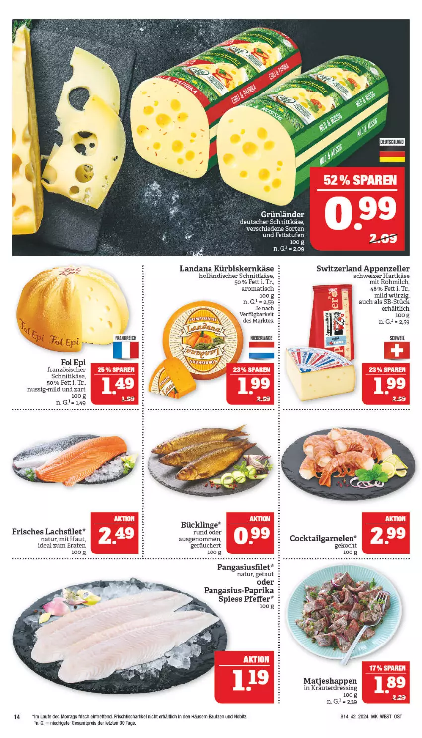 Aktueller Prospekt Marktkauf - Prospekt - von 14.10 bis 19.10.2024 - strona 14 - produkty: appenzeller, Bau, braten, cocktail, deutscher schnittkäse, dressing, eis, elle, filet, fisch, fol epi, frischfisch, garnelen, grünländer, hartkäse, holländischer schnittkäse, ideal zum braten, Käse, kräuter, Kürbis, lachs, lachsfilet, LG, matjes, milch, natur, nuss, Pangasius, paprika, pfeffer, reis, schnittkäse, schweizer hartkäse, Ti, tisch, ZTE