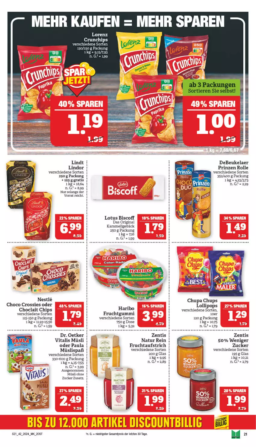 Aktueller Prospekt Marktkauf - Prospekt - von 14.10 bis 19.10.2024 - strona 21 - produkty: aufstrich, biscoff, chips, choclait chips, choco crossies, chupa, chupa chups, crossies, crunchips, debeukelaer, discount, eis, frucht, fruchtaufstrich, fruchtgummi, gin, haribo, karamell, LG, lindor, lindt, lorenz, lorenz crunchips, müsli, natur, Paula, prinzen rolle, reis, Ti, vita, vitalis, vitalis müsli, zentis, ZTE, zucker