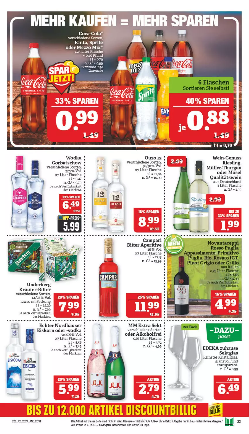 Aktueller Prospekt Marktkauf - Prospekt - von 14.10 bis 19.10.2024 - strona 23 - produkty: alkohol, campari, deka, discount, eis, fanta, flasche, Gorbatschow, korn, kräuter, LG, limo, limonade, Mezzo Mix, mm extra, nuss, ouzo, ouzo 12, qualitätswein, reis, riesling, sekt, sprite, Ti, underberg, vodka, wein, wodka, Yo, ZTE