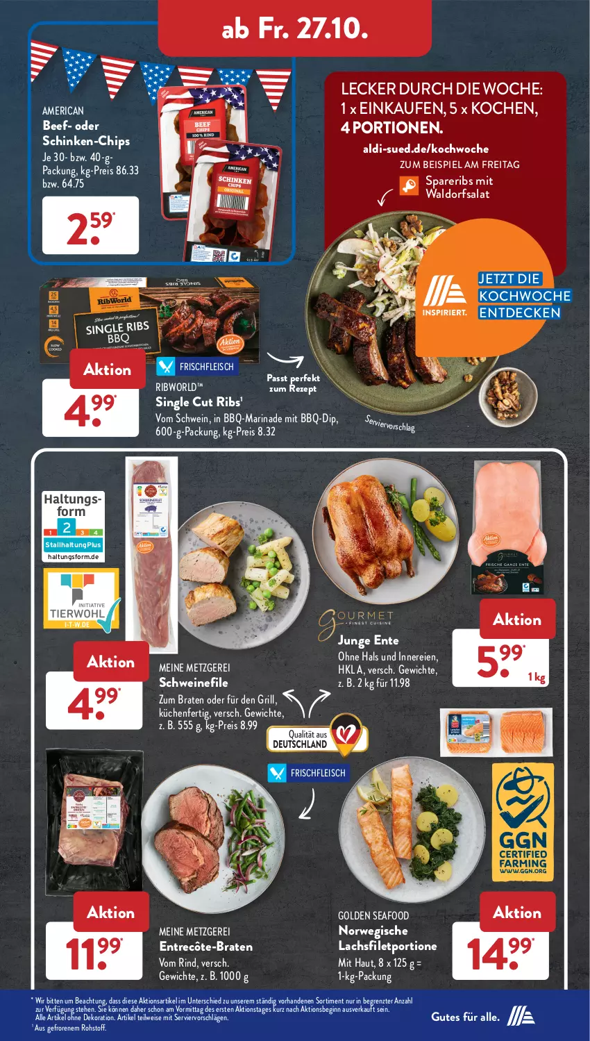 Aktueller Prospekt AldiSud - IN ZWEI WOCHEN - von 23.10 bis 28.10.2023 - strona 23 - produkty: aldi, alle artikel ohne dekoration, beef, braten, chips, decke, dekoration, dip, eis, ente, entrecôte, filet, fleisch, gin, grill, küche, Küchen, lachs, lachsfilet, marinade, reis, rezept, rind, rwe, salat, schinken, schwein, schweine, spareribs, Ti, wein, weine, ZTE