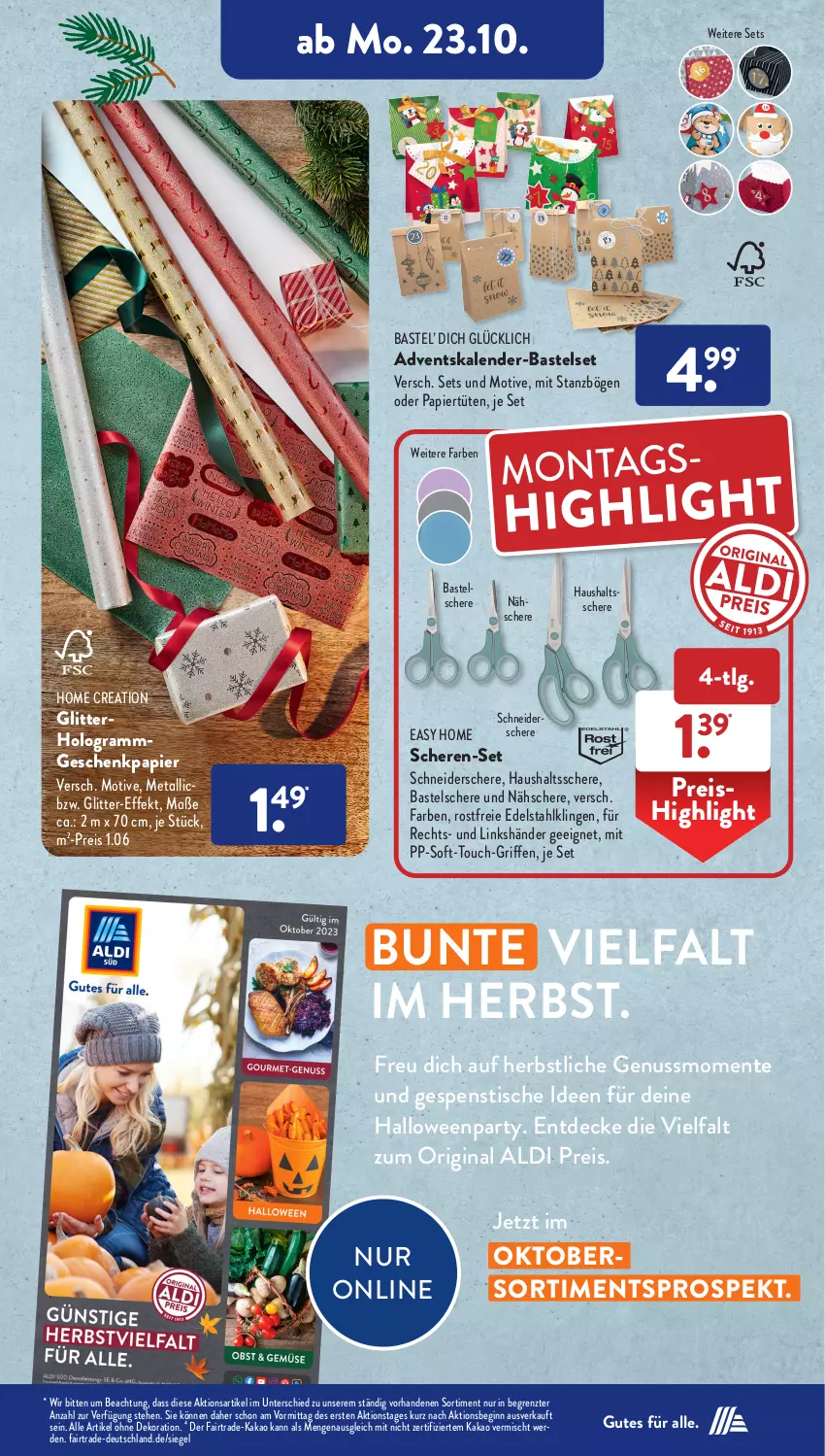 Aktueller Prospekt AldiSud - IN ZWEI WOCHEN - von 23.10 bis 28.10.2023 - strona 5 - produkty: Adventskalender, aldi, alle artikel ohne dekoration, decke, dekoration, edelstahl, eis, ente, erde, Geschenkpapier, gin, kakao, LG, nuss, papier, Papiertüte, reis, Schere, Ti, tisch, Tüte, ZTE