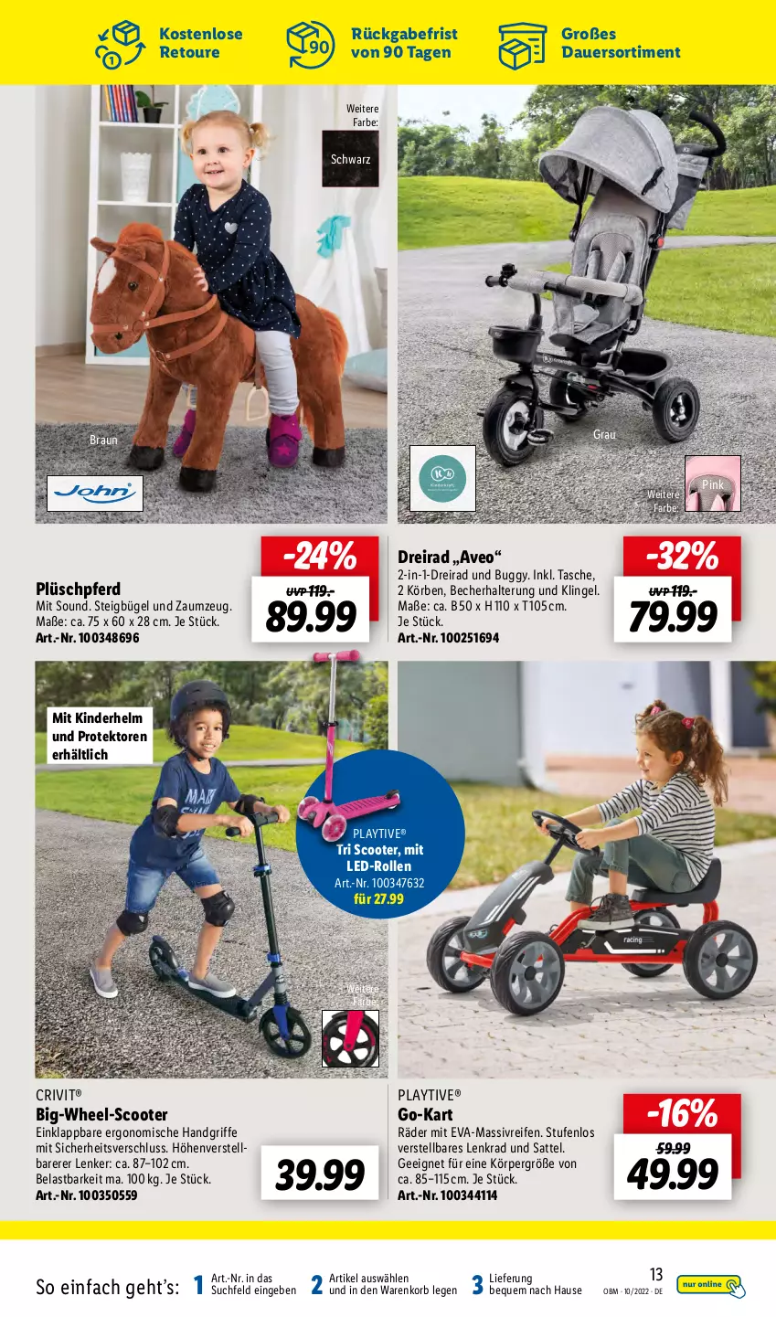 Aktueller Prospekt Lidl - Aktuelle Onlineshop-Highlights - von 01.10 bis 31.10.2022 - strona 13 - produkty: auer, aveo, Becher, braun, bügel, Buggy, crivit, Dreirad, HP, Kinder, korb, Plüsch, reifen, sattel, scooter, Tasche, Ti