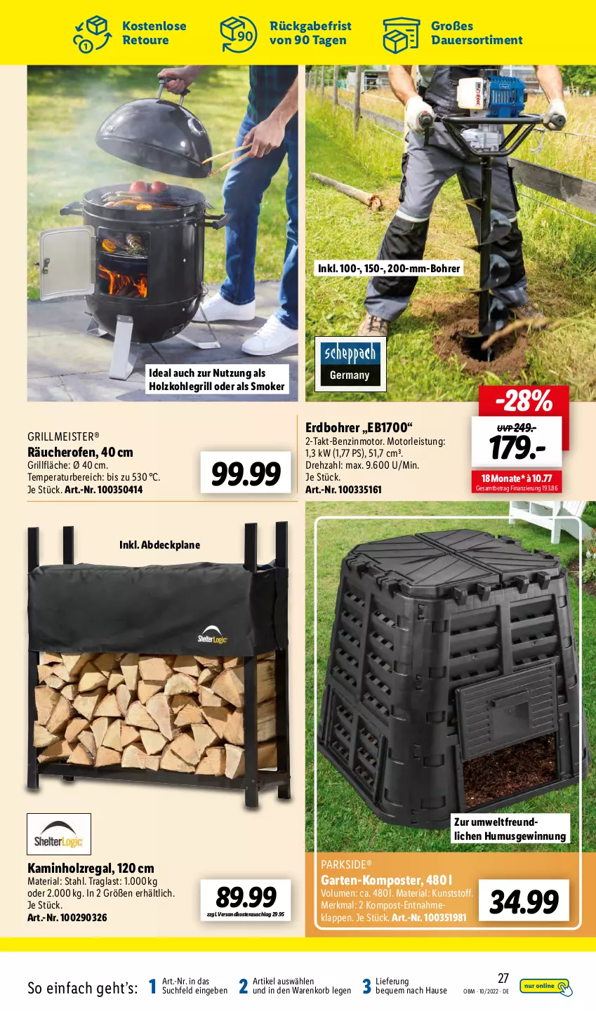 Aktueller Prospekt Lidl - Aktuelle Onlineshop-Highlights - von 01.10 bis 31.10.2022 - strona 27 - produkty: abdeckplane, auer, eis, Garten, grill, grillfläche, hero, Holz, holzkohle, holzkohlegrill, Kamin, Kaminholz, Kohlegrill, Komposter, korb, Meister, ndk, Ofen, Parkside, regal, Ria, Ti