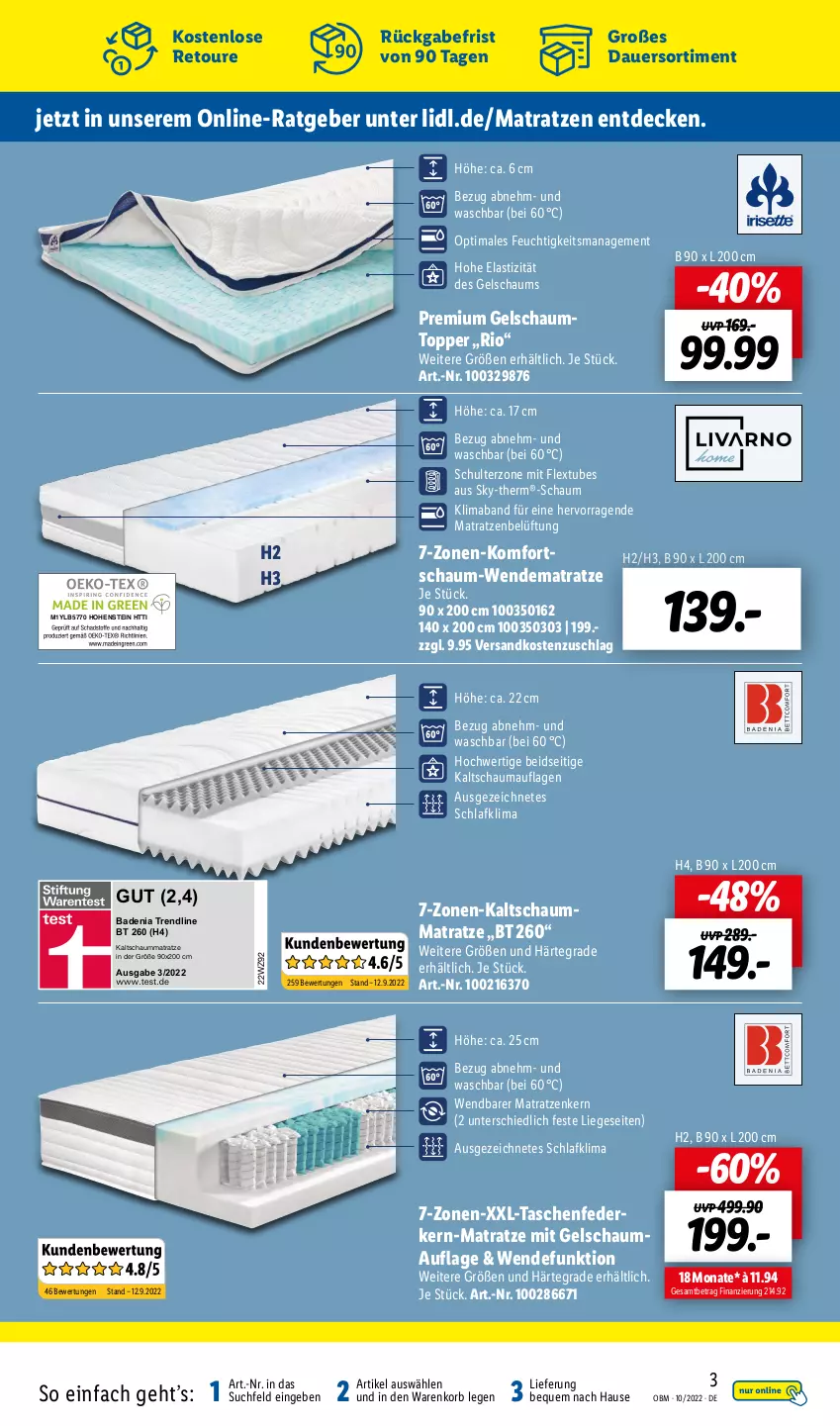 Aktueller Prospekt Lidl - Aktuelle Onlineshop-Highlights - von 01.10 bis 31.10.2022 - strona 3 - produkty: asti, auer, Bad, decke, federkern, hohenstein, kaltschaummatratze, korb, Liege, mab, matratze, matratzen, ndk, schauma, Schaummatratze, Tasche, taschen, taschenfederkern-matratze, Ti, topper, wendematratze