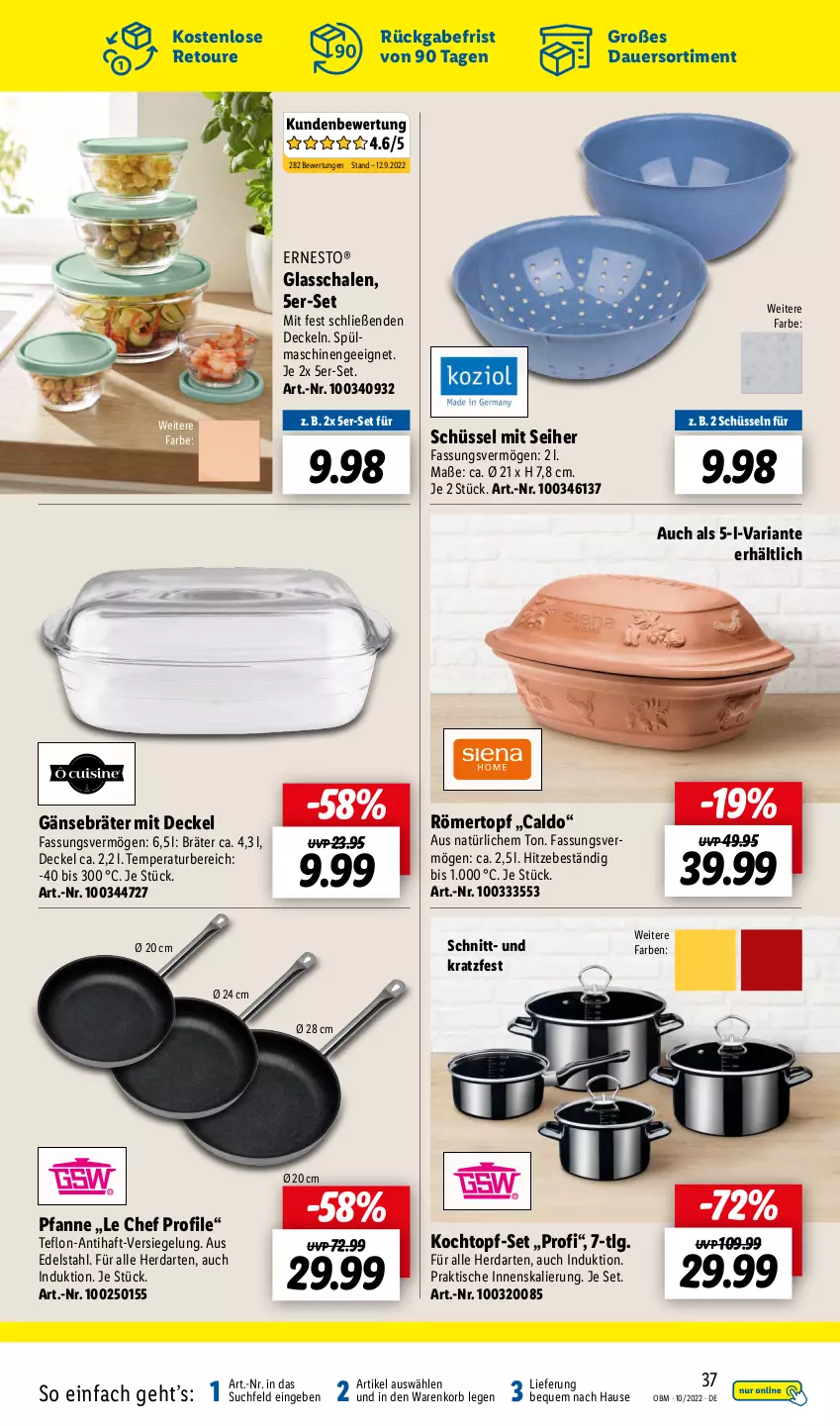 Aktueller Prospekt Lidl - Aktuelle Onlineshop-Highlights - von 01.10 bis 31.10.2022 - strona 37 - produkty: auer, decke, Deckel, edelstahl, ernesto, herdarten, Kochtopf, korb, LG, pfanne, Ria, Schal, Schale, schüssel, spülmaschinen, Ti, tisch, topf, topf-set