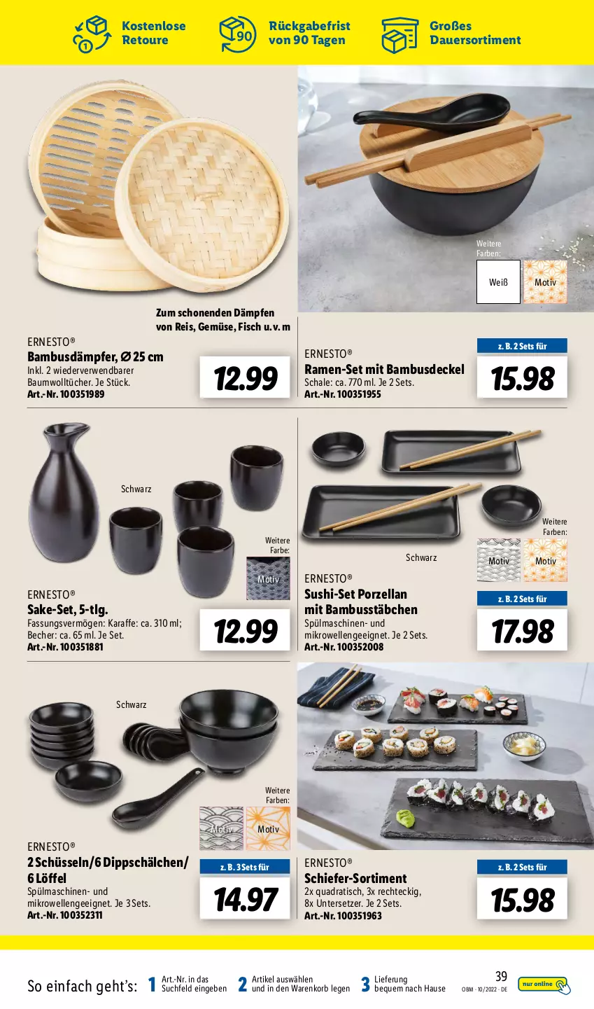 Aktueller Prospekt Lidl - Aktuelle Onlineshop-Highlights - von 01.10 bis 31.10.2022 - strona 39 - produkty: auer, bambus, Bau, Becher, decke, Deckel, dip, eis, elle, ernesto, fisch, Karaffe, korb, LG, Löffel, mikrowelle, quad, reis, rwe, Schal, Schale, schüssel, spülmaschinen, Sushi, Ti, tisch, tücher, Untersetzer