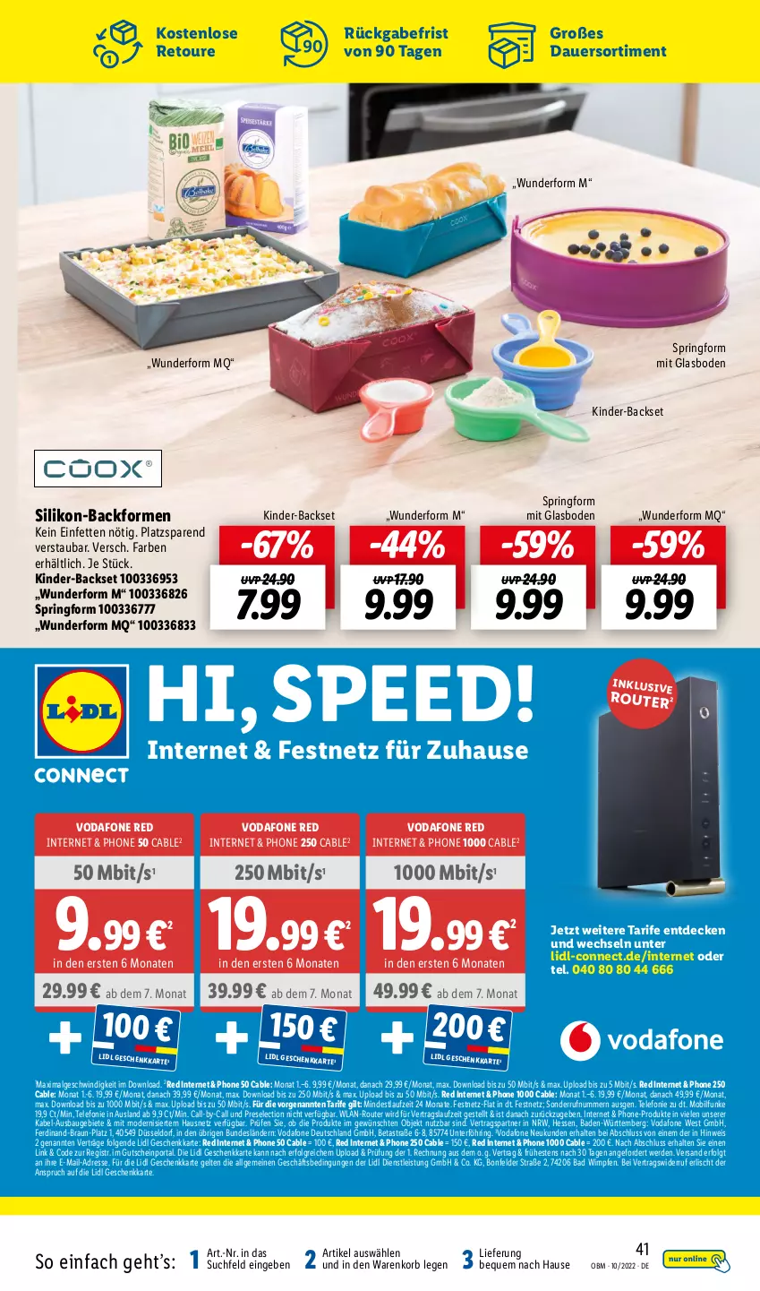 Aktueller Prospekt Lidl - Aktuelle Onlineshop-Highlights - von 01.10 bis 31.10.2022 - strona 41 - produkty: Astra, auer, Backform, Bad, Bau, braun, decke, eis, erde, gsw, gutschein, Kinder, korb, LG, Mode, ring, Router, spee, Springform, telefon, Ti, usb, vodafone