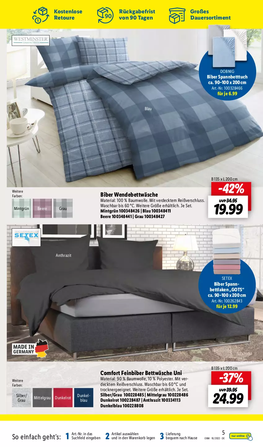 Aktueller Prospekt Lidl - Aktuelle Onlineshop-Highlights - von 01.10 bis 31.10.2022 - strona 5 - produkty: auer, Bau, baumwolle, beere, bett, Betttuch, bettwäsche, erde, Ergee, korb, LG, mint, Ria, spannbettlaken, spannbetttuch, Ti, Trockner, tuc, wendebettwäsche, wolle