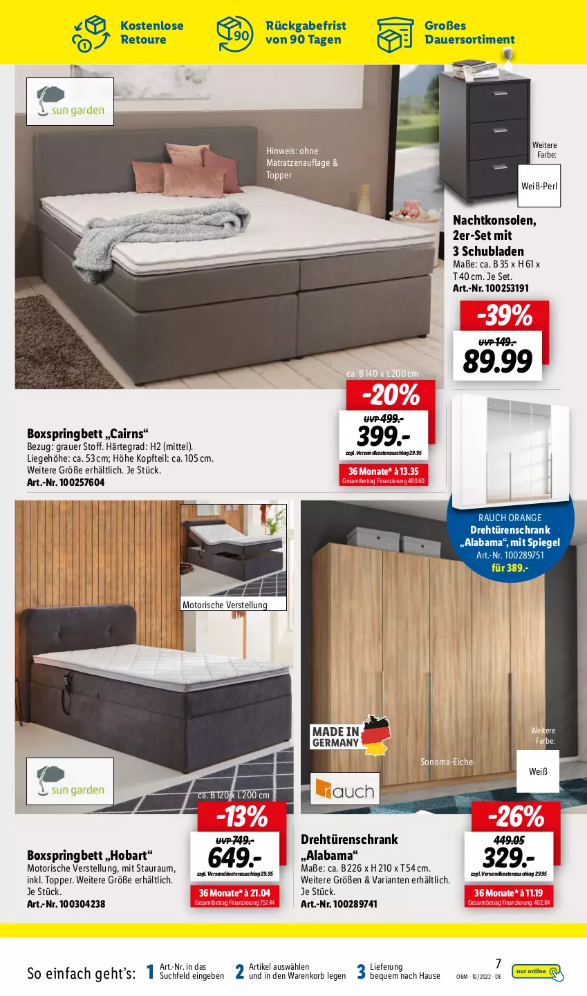 Aktueller Prospekt Lidl - Aktuelle Onlineshop-Highlights - von 01.10 bis 31.10.2022 - strona 7 - produkty: auer, bett, boxspringbett, drehtürenschrank, eis, korb, Liege, matratze, matratzen, matratzenauflage, nachtkonsole, nachtkonsolen, ndk, ohne matratze, orange, Rauch, Ria, ring, Schrank, schubladen, spiegel, Ti, topper, türenschrank