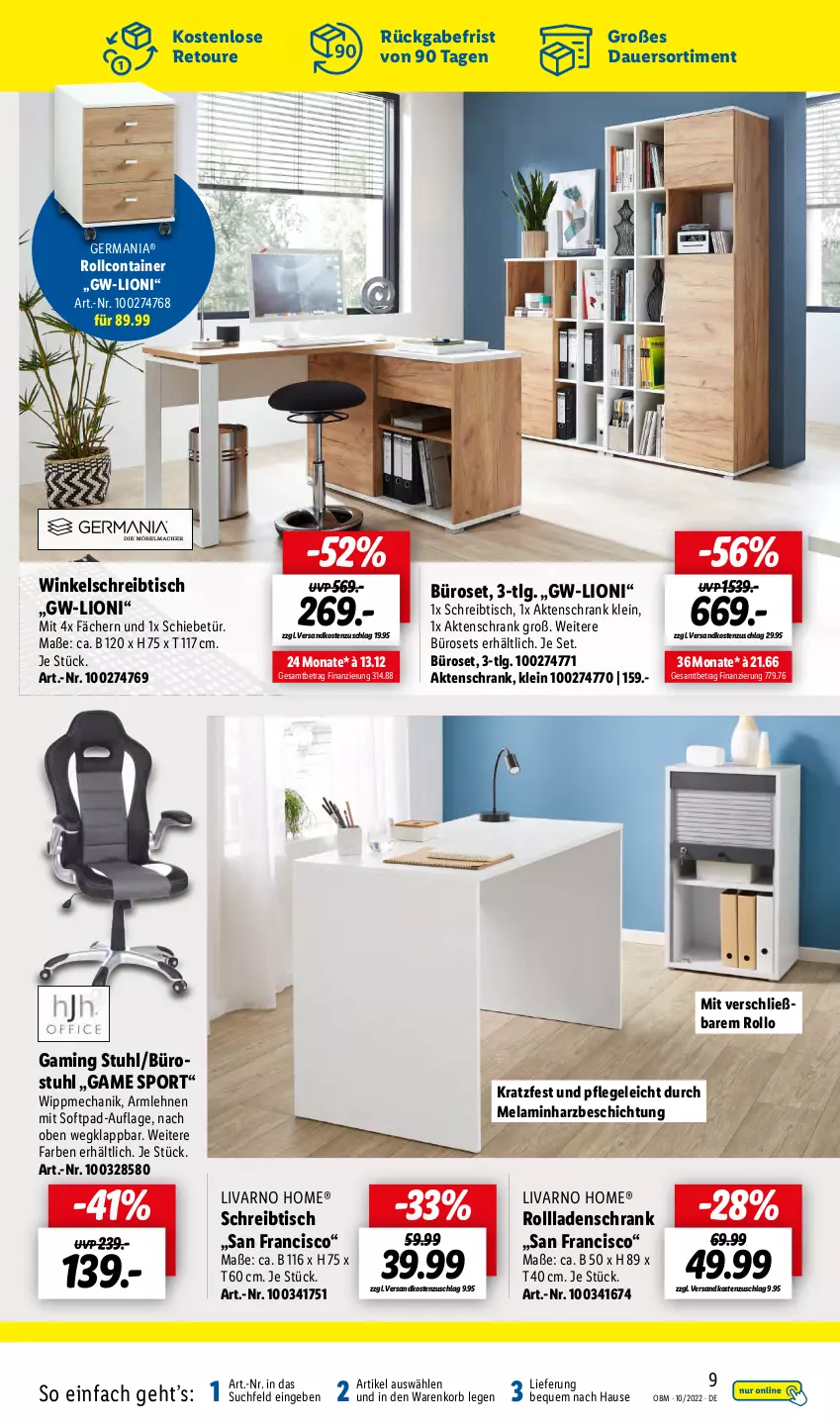 Aktueller Prospekt Lidl - Aktuelle Onlineshop-Highlights - von 01.10 bis 31.10.2022 - strona 9 - produkty: Aktenschrank, armlehnen, auer, Container, Germ, korb, LG, lion, ndk, rollcontainer, Schrank, schreibtisch, Sport, stuhl, Ti, tisch