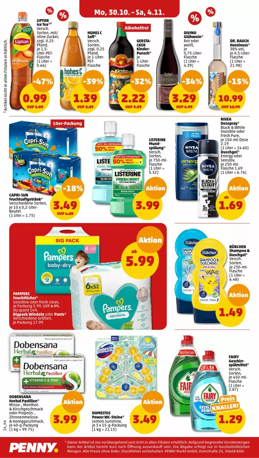 Aktueller Prospekt Penny - Prospekte - von 30.10 bis 04.11.2023 - strona 14 - produkty: asti, beutel, bübchen, Cap, capri-sun, deo, deospray, duschgel, fairy, flasche, frucht, fruchtsaft, fruchtsaftgetränk, geschirr, getränk, Glühwein, haselnuss, honig, ice tea, Kinder, kirsch, lack, LG, lipton, lipton ice tea, listerine, mac, minze, nivea, nuss, Propolis, Rauch, saft, sana, shampoo, spülmittel, spülung, sunshine, Ti, WC-Steine, wein, zitrone, zitronen, zucker