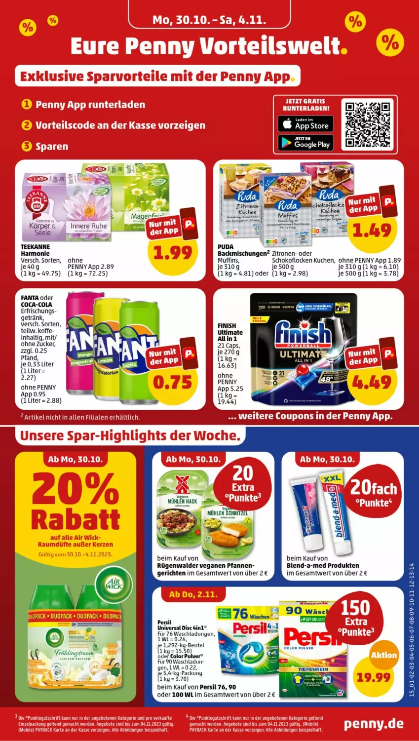 Aktueller Prospekt Penny - Prospekte - von 30.10 bis 04.11.2023 - strona 15 - produkty: backmischung, Backmischungen, beutel, blend-a-med, Cap, coca-cola, cola, fanta, fanta oder, Finish, getränk, kuchen, Muffin, muffins, persil, pfanne, pfannen, rügenwalder, schoko, tee, teekanne, Ti, zitrone, zitronen, zucker