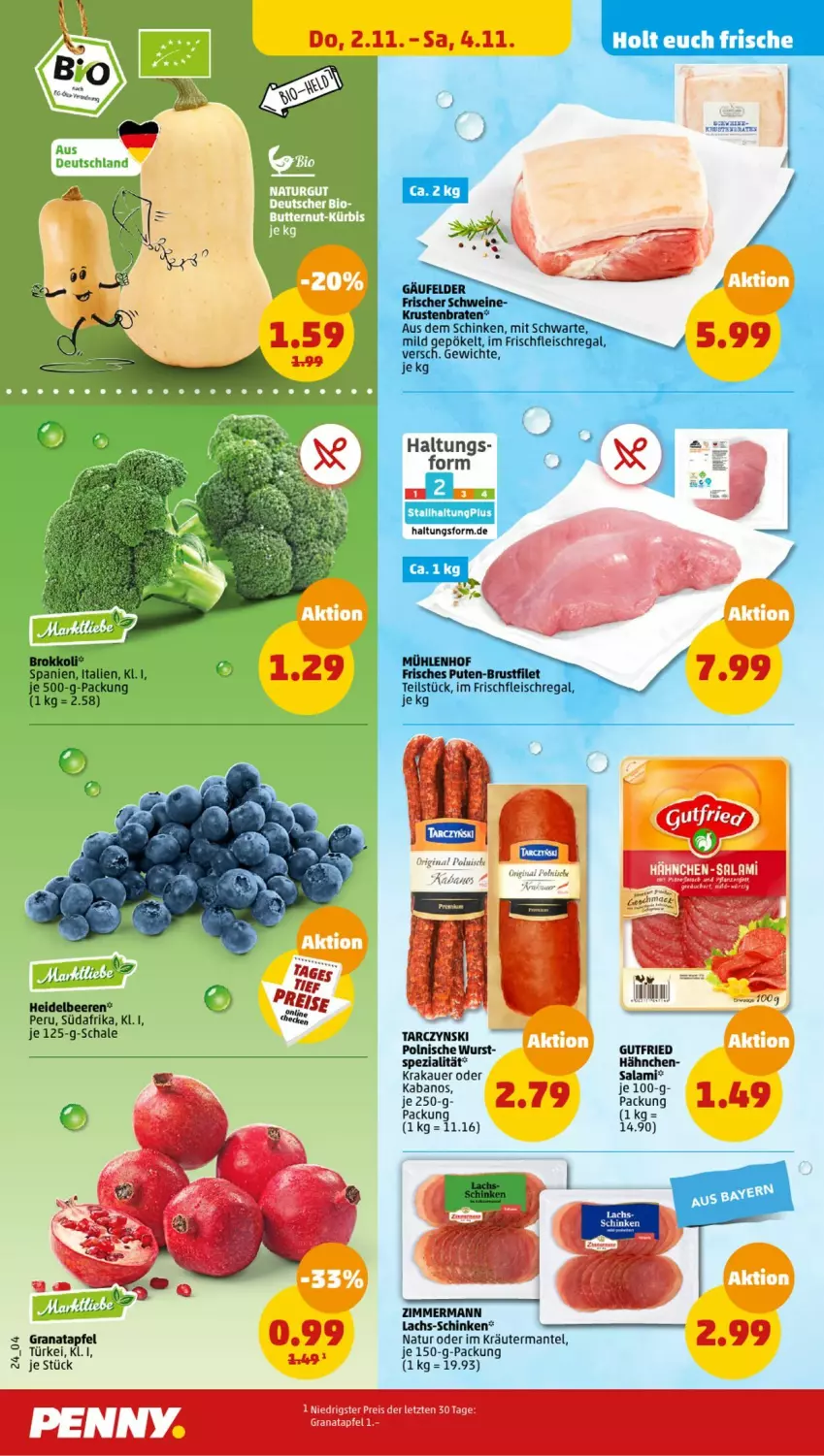 Aktueller Prospekt Penny - Prospekte - von 30.10 bis 04.11.2023 - strona 26 - produkty: apfel, auer, beere, beeren, braten, brokkoli, brustfilet, eis, filet, fleisch, grana, granatapfel, gutfried, heidelbeere, heidelbeeren, kabanos, krakauer, kräuter, krustenbraten, lachs, Mantel, natur, pute, Rana, regal, reis, salami, Schal, Schale, schinken, schwein, schweine, Spezi, wein, weine, wurst, ZTE