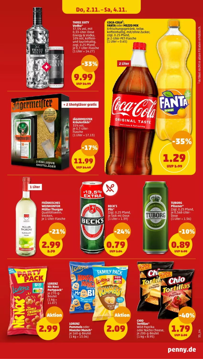 Aktueller Prospekt Penny - Prospekte - von 30.10 bis 04.11.2023 - strona 37 - produkty: beck's, coca-cola, cola, eis, erfrischungsgetränk, fanta, fanta oder, flasche, Germ, getränk, gin, jägermeister, je 1-liter-flasche, kräuter, kräuterlikör, likör, lorenz, Meister, Mezzo Mix, monster, Müller, nacho, nacho cheese, pet-flasche, pils, pilsener, Pommels, qualitätswein, Three Sixty, Ti, tortilla, tortillas, wein, zucker