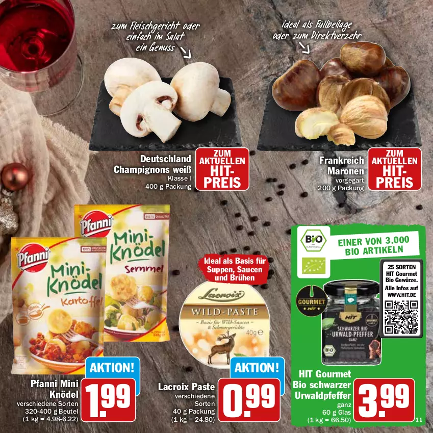 Aktueller Prospekt Hit - Prospekte - von 28.11 bis 31.12.2022 - strona 11 - produkty: beutel, bio, Brühe, champignon, champignons, eis, elle, fleisch, gewürz, ilag, Knödel, nuss, pfanni, pfeffer, reis, salat, sauce, saucen, suppe, suppen, Ti