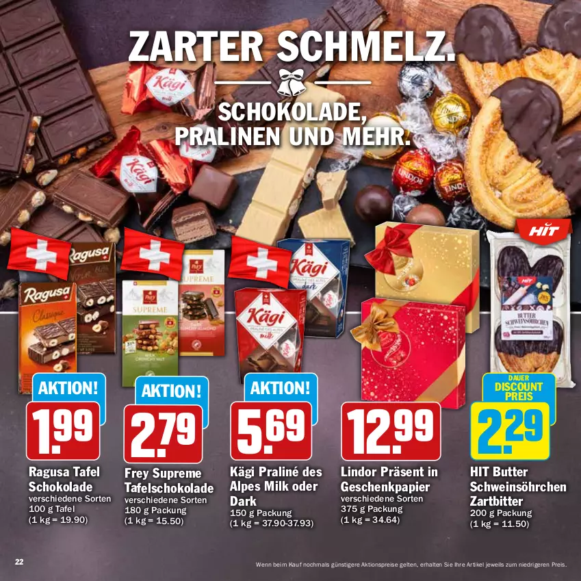 Aktueller Prospekt Hit - Prospekte - von 28.11 bis 31.12.2022 - strona 22 - produkty: aktionspreis, auer, butter, discount, eis, Geschenkpapier, Kägi, lindor, papier, pralinen, reis, schoko, schokolade, schwein, tafelschokolade, Ti, wein